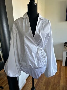 Fashion Nova White Wrap-Front Balloon Sleeve Bodysuit